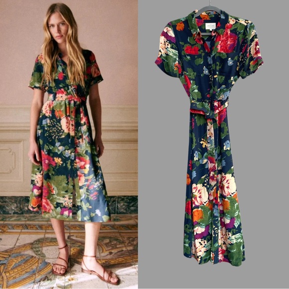Sezane Dresses & Skirts - SEZANE Navy Red Floral Printed Button Down Belted Midi Shirt Dress Adele Dress